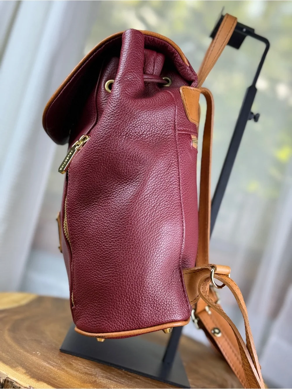 Valentina Italia Red Burgundy Leather Drawstring Backpack Purse w/ Tan Trim EUC